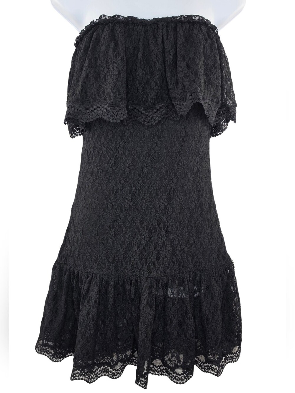 Vtg Moda International S Black Strapless Lace Ruffle Dress 4040-